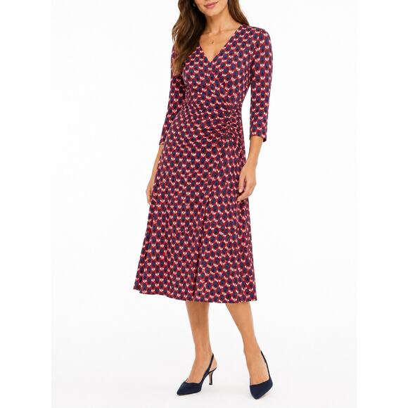 Boden Dresses & Skirts - Boden Red & Navy Geometric Print Midi Dress Size 8R V-Neck Ruched Waist